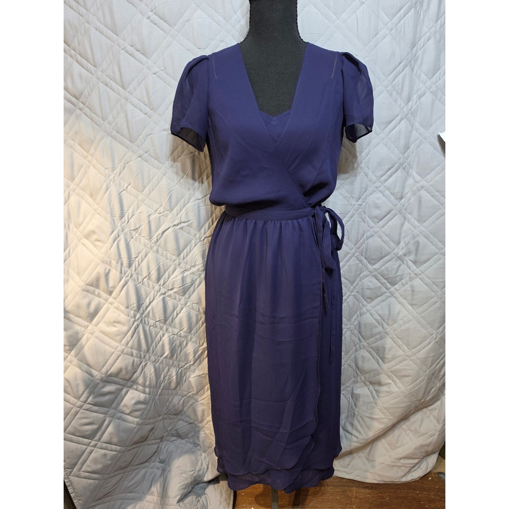 Vintage ILGWU Navy Blue Chiffon Wrap Dress & Slip 2 Piece Set Made in USA Sz 2